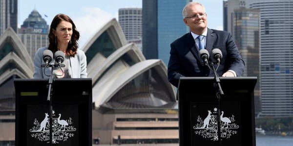 Jacinda Ardern and Scott Morrison during their joint press conference in Sydney. (Photo: SBS)
