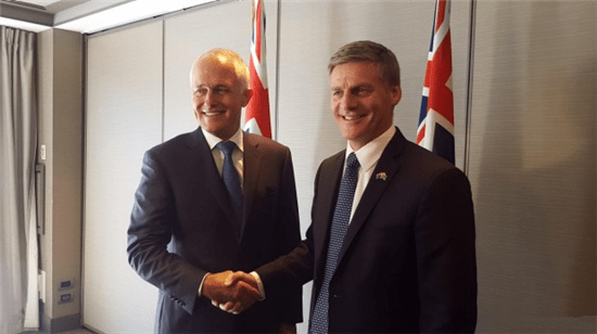 Australian PM Malcolm Turnbull and PM Bill English after talks in Queenstown on Friday. (Photo: RNZ/Chris Bramwell)