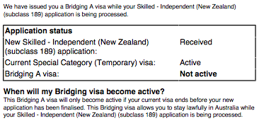 Extract of the letter sent to PR visa applicant showing that their Bridging Visa A is Not active.