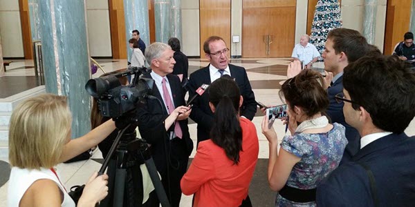 New Zealand Labour Leader Andrew Little and MP Phil Goff speaking to media at Parliament House, Canberra.