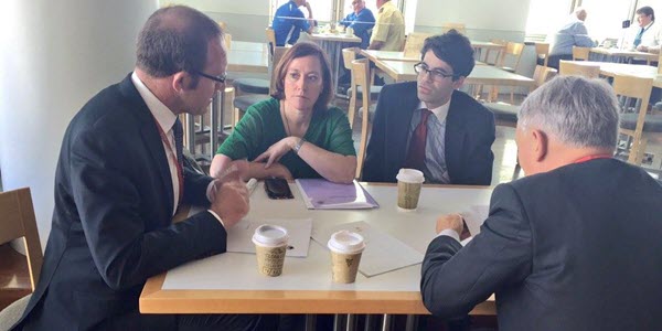 Strategising ahead of meetings at Parliament. L-R Andrew Little, Joanne Cox, Tim Gassin and Phil Goff.
