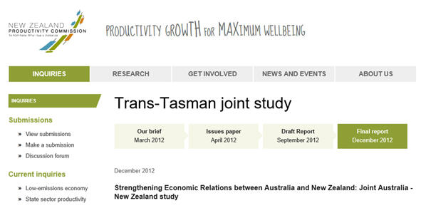 In 2012 the Productivity Commissions of Australia and New Zealand completed a joint report on the trans-Tasman relationship.