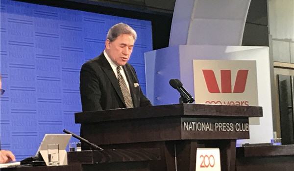 NZ Foreign Minister Winston Peters at the National Press Club in Canberra. (Photo: supplied)