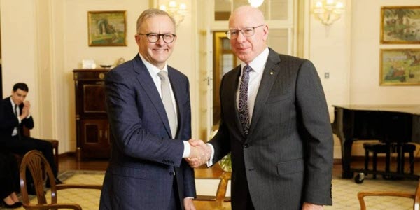 Australian PM Anthony Albanese during his swearing in ceremony with Governor-General David Hurley. Photo: Alex Ellinghausen Sydney Morning Herald