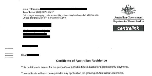Certificate of Australian Residence issued to some New Zealand citizens in Australia (Photo supplied)