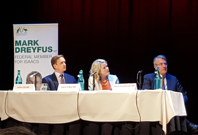 Australian Labor MPs Julian Hill, Clare O'Neil and Mark Dreyfus listening to community leaders speak at the Citizenship forum in Springvale VIC. (Photo: L Cox)